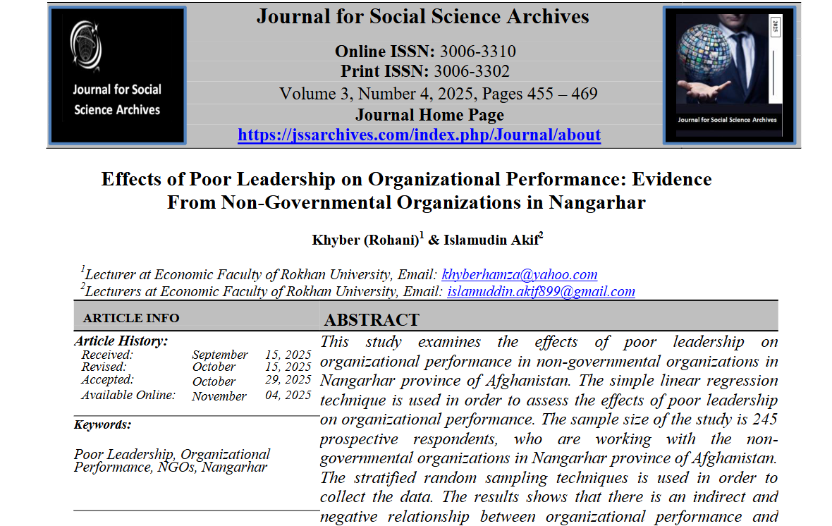 Effects of Poor Leadership on Organizational Performance: Evidence From Non-Governmental Organizations in Nangarhar